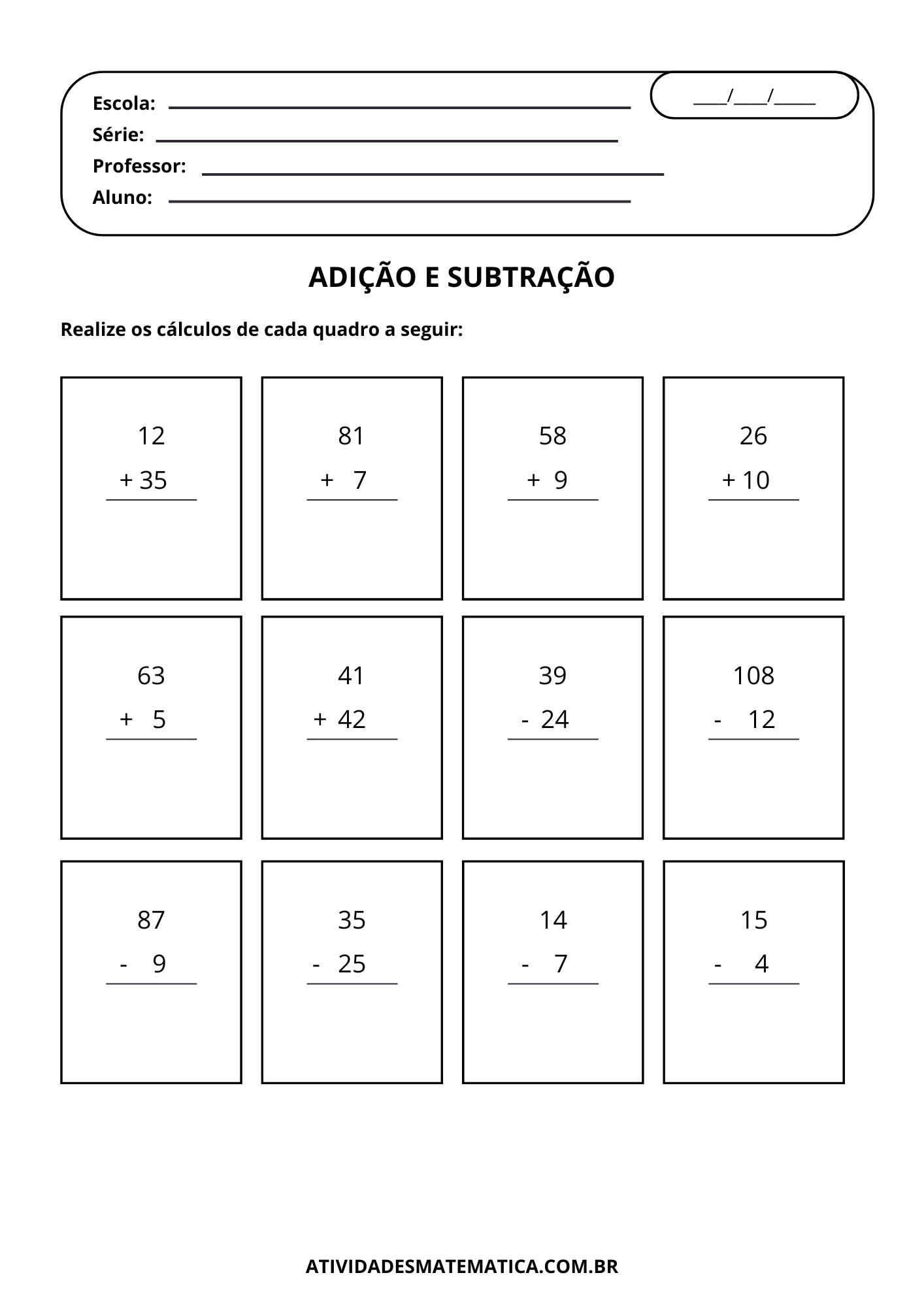 9 Atividades de Adição e Subtração – Atividades de Matemática