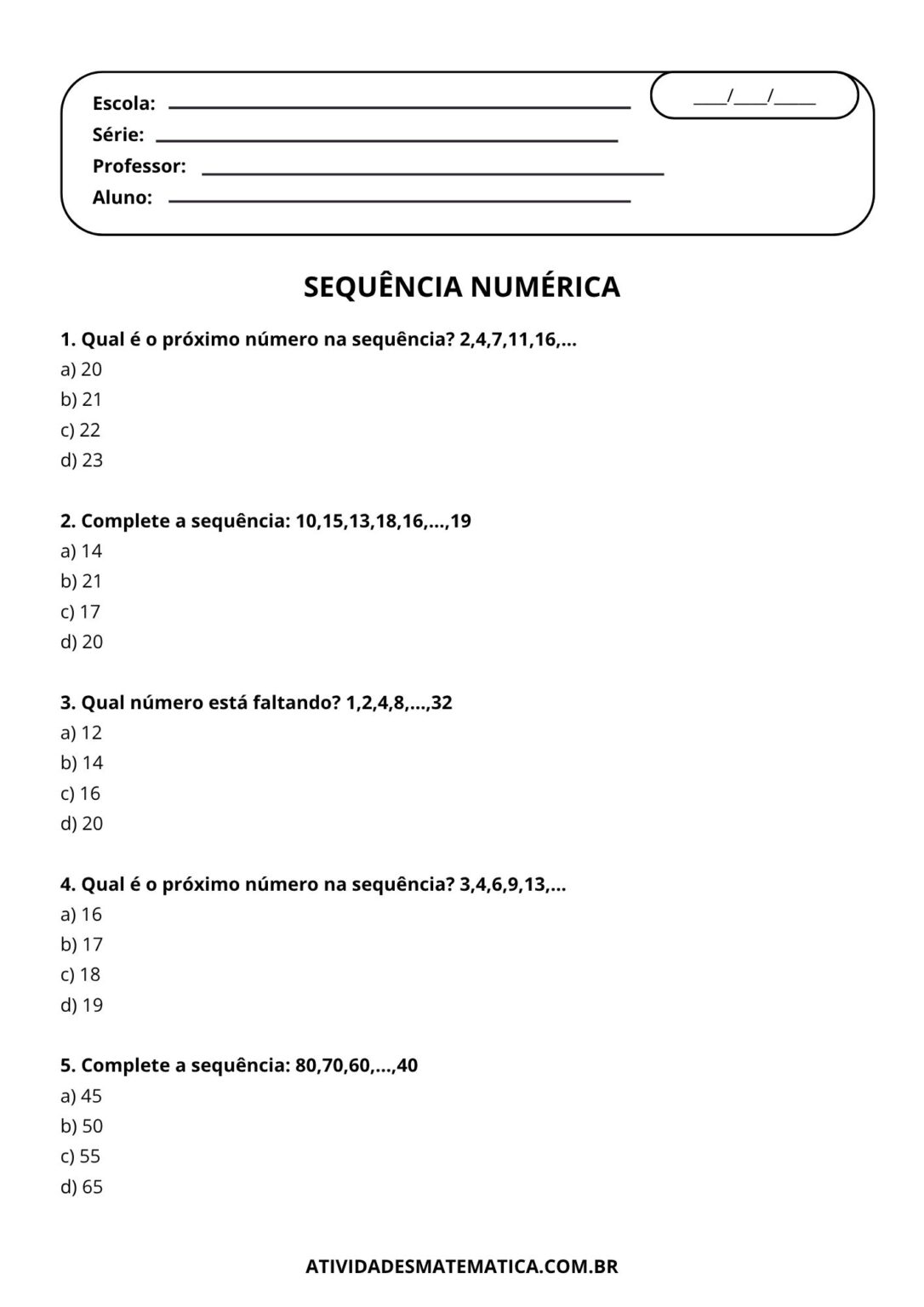19 Atividades de Sequência numérica – Atividades de Matemática