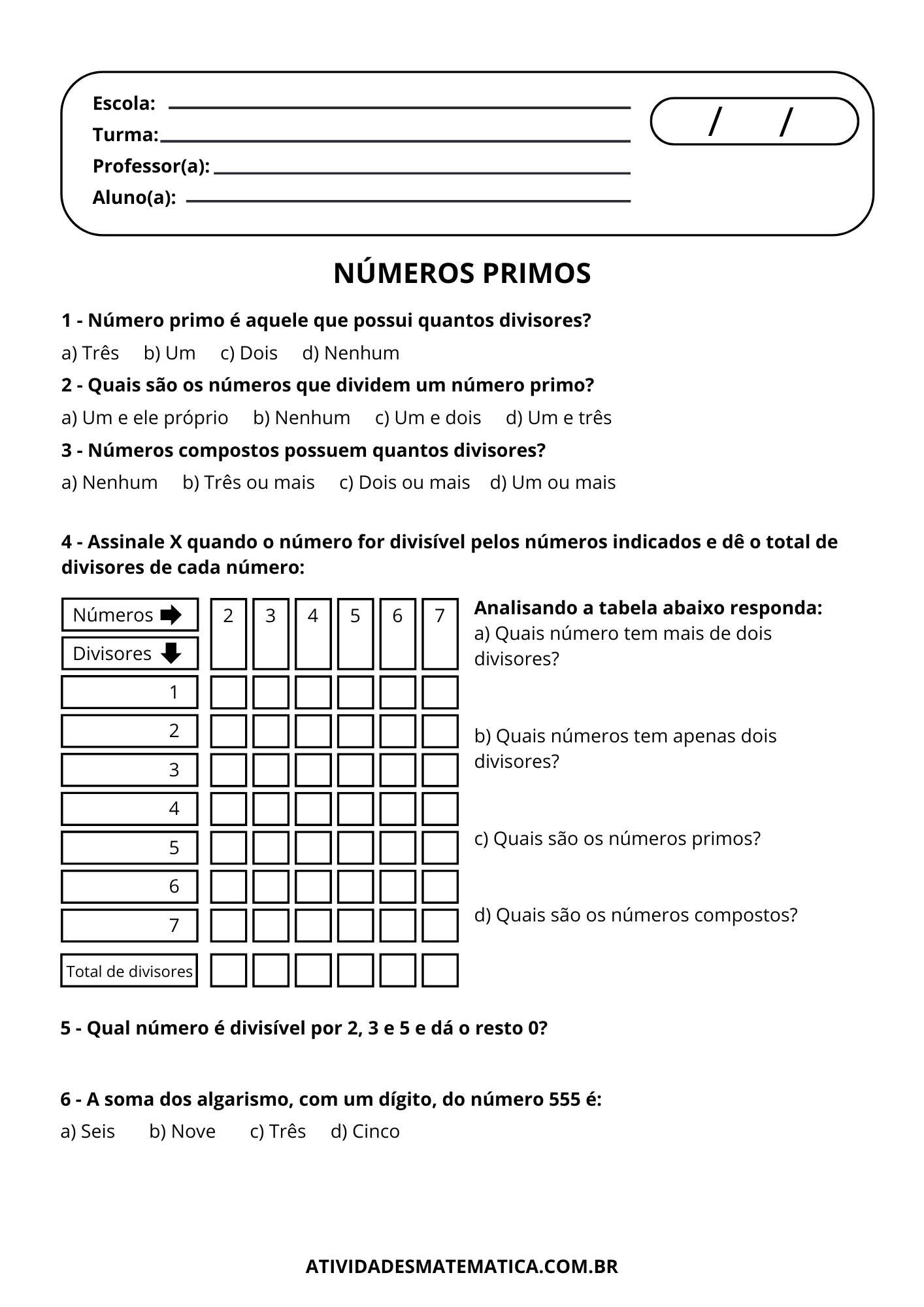 19 Atividades com Números Primos – Atividades de Matemática